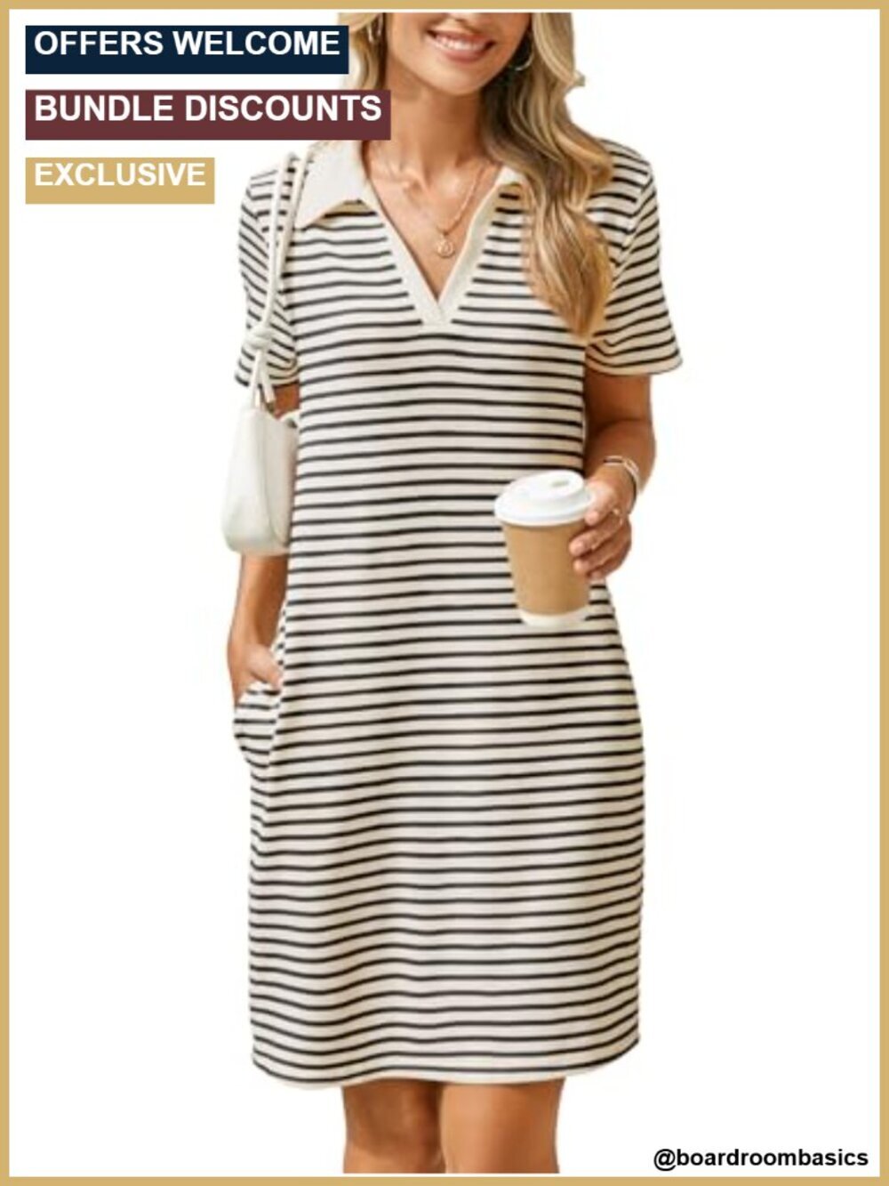 Striped V-Neck Short Sleeve Mini Dress with Pockets Loose Fit Summer Business